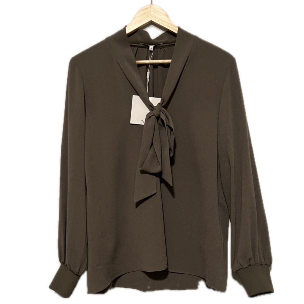 Tibi Green Olive PussyBow Crepe Gauze Long Sleeve Blouse NWT size 4 Tie Drapey